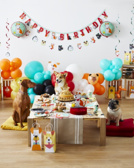 Two dogs enjoying a party in front of a Happy Birthday banner, balloons, and dog-themed décor.