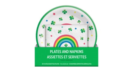 Shamrock and rainbow-printed paper plates.