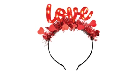 Light-up tinsel headband spelling out ‘love’.