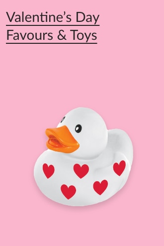 Rubber duck with red hearts on it.