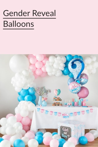 Clusters of pink, white and blue balloons behind  a question mark-shaped balloon.