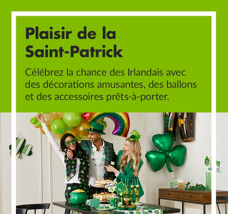 Trois personnes célèbrent la Saint-Patrick en portant des lunettes en forme de trèfles et des chapeaux de farfadet devant un arrière-plan d’arc-en-ciel, d’un verre à bière et de ballons en forme de trèfle à quatre feuilles.