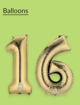 Gold '16' number balloons.