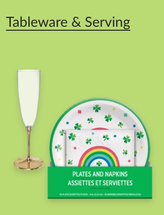 Champagne flute and St. Patrick's Day napkins and plates.