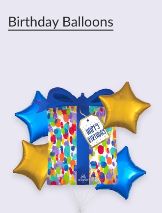 A colorful gift balloon with a "Happy Birthday" tag, surrounded by blue and gold star balloons.