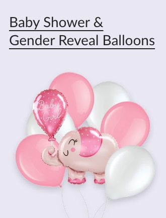 Pink and white balloons with a pink elephant holding a "Baby Girl" balloon.