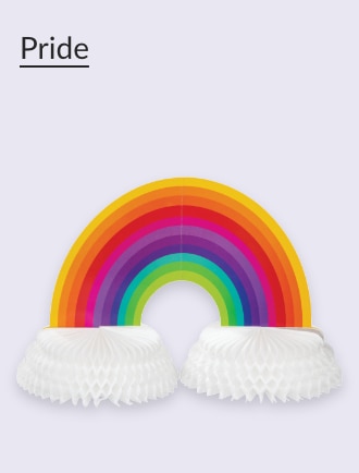 A rainbow decoration with fluffy white clouds at each end.