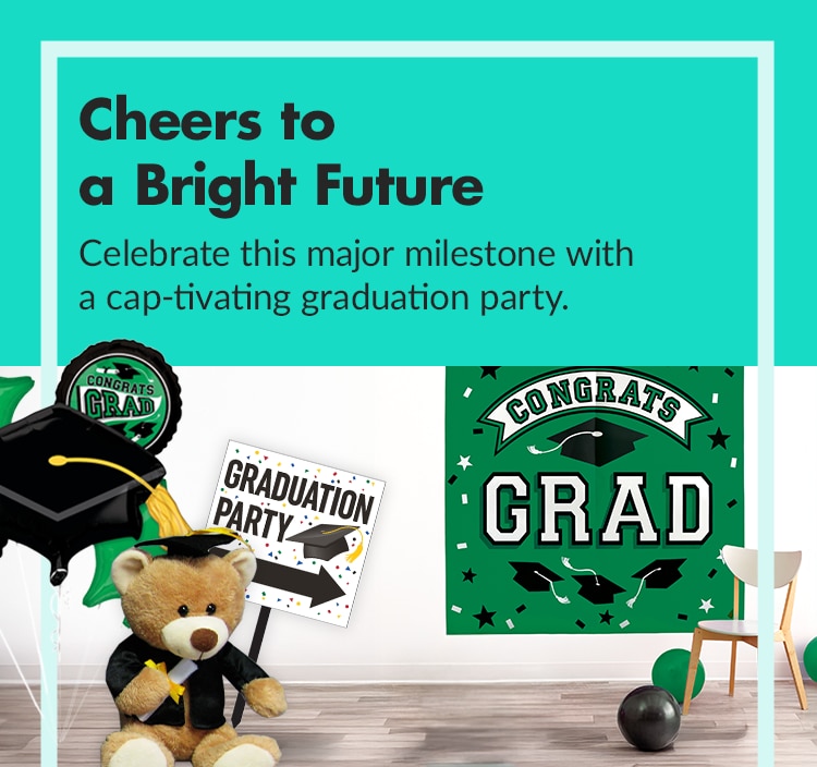A celebratory graduation-themed banner with a teddy bear in a graduation cap and gown, graduation party decorations, and a "Congrats Grad" sign.