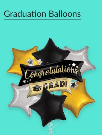 A cluster of star-shaped balloons in black, gold, and silver with a central black balloon that reads "Congratulations Grad!"