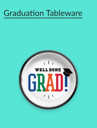 A paper plate that reads "Well Done Grad!" in colourful letters.