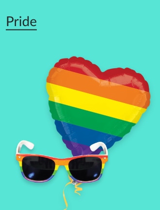 Heart-shaped balloon and sunglasses in rainbow pride colours.