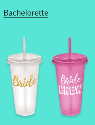 White and pink tumblers reading 'Bride' and 'Bride Crew'.