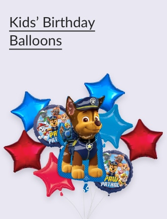 PAW Patrol-themed balloon bouquet with Chase and blue and red stars.