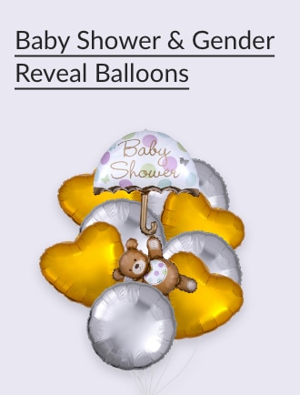 Baby shower balloons with a teddy bear and heart shapes.