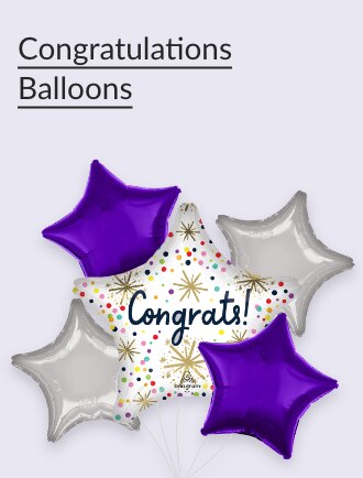 Star-shaped 'Congrats!' balloons in purple and silver.