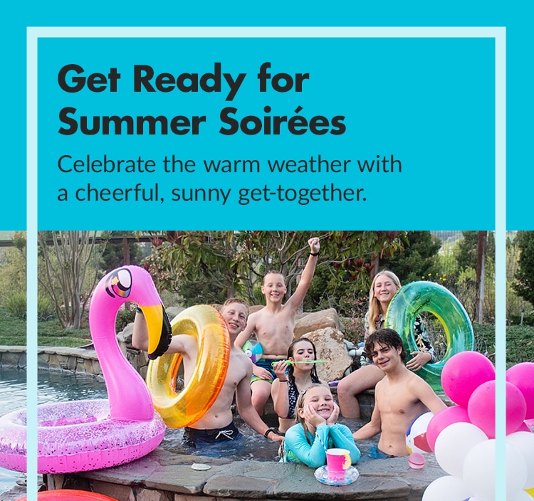 Group of kids having a pool party with balloons and pool inflatable toys.
