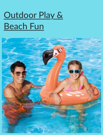 Adult and child floating in a pool with a flamingo inflatable pool toy.