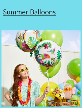 Child wearing star-shaped sunglasses and a Hawaiian lei holding onto a tropical-themed balloon.