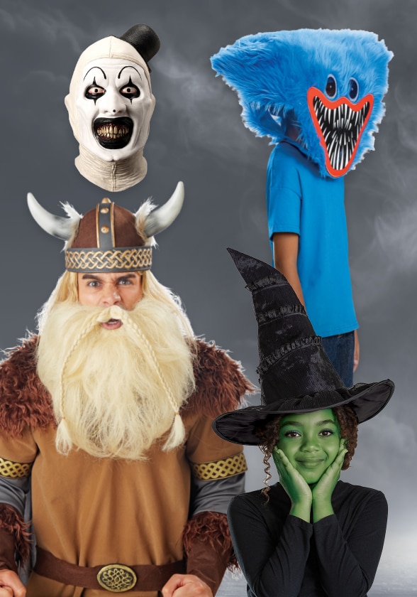  Halloween accessories including a witch hat, a Viking hat, an evil clown mask and a Huggy Wuggy blue monster mask.