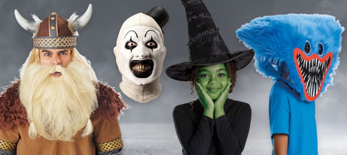  Halloween accessories including a witch hat, a Viking hat, an evil clown mask and a Huggy Wuggy blue monster mask.