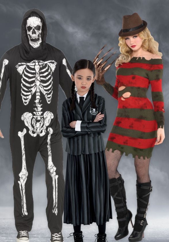 Three children in Halloween costumes: a skeleton, Wednesday Addams, and Freddy Krueger.
