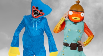Two people in video game-themed costumes: Huggy Wuggy from "Poppy Playtime" and Fishstick from "Fortnite."