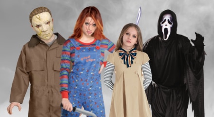 Four people in horror movie costumes: Michael Myers, Chucky, a creepy doll, and Ghostface from Scream.