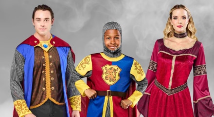 Three people in medieval costumes: a knight, a royal figure, and woman in a red renaissance dress.