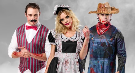 Three people in Halloween costumes: a bloody waiter, a blood-stained maid, and a scarecrow.