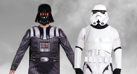 Two people dressed in Star Wars costumes: Darth Vader and a Stormtrooper.