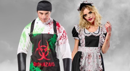 Two people in Halloween costumes: a bloody butcher and a zombie waitress.