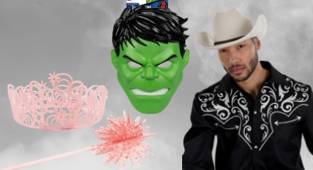 A Cowboy Halloween costume, a princess tiara and a Hulk mask.