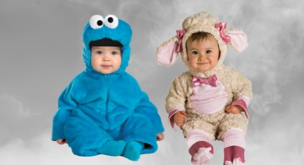 Two infants in Halloween costumes: Cookie Monster and a lamb.