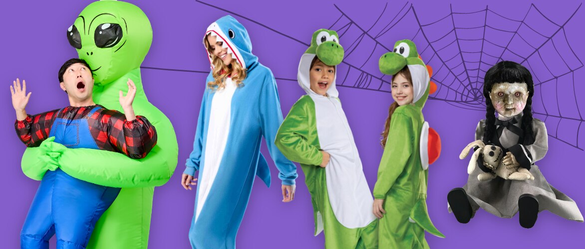 Children in various Halloween costumes, including an alien abduction, a shark, a dinosaur, and a spider.