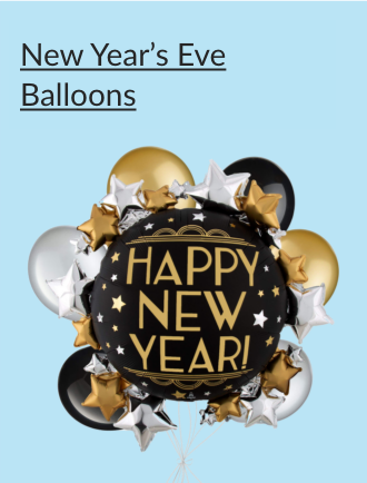 A large black and gold New Year's Eve balloon surrounded by smaller black, gold and white round and star balloons