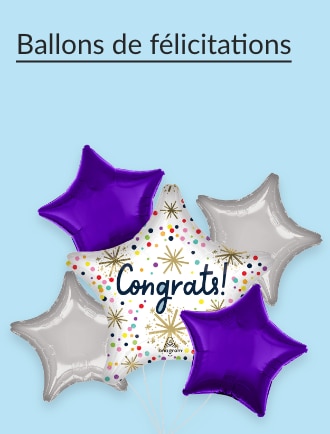 Ballons en forme d’étoile « Congrats! » violets et argentés.