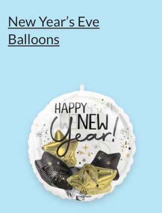 A transparent round New Year's Eve  balloon containing  mini black and gold star balloons. 