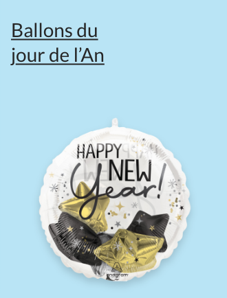 Un ballon rond transparent du jour de l'An contenant des ballons miniatures en forme d'étoiles dorées et noires.