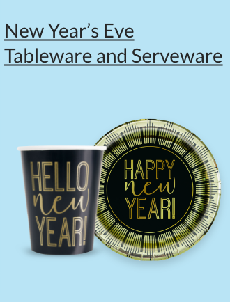 A black and gold paper cup with the text 'Hello New Year' and a black and gold paper plate that says 'Happy New Year'.
