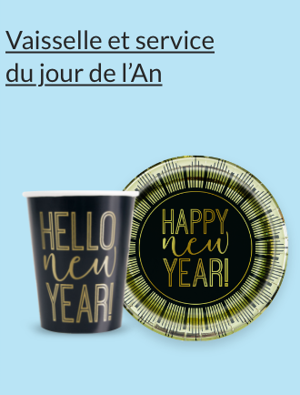 Un verre en papier noir et doré avec le texte « Happy New Year » et une assiette en papier noir et doré avec le texte « Happy New Year ».