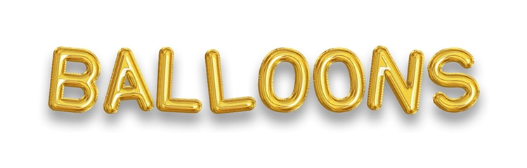 Gold inflatable letter balloons that spell out the word 'Balloons' on a white background.