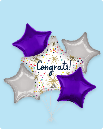 Star-shaped 'Congrats!' balloons in purple and silver.