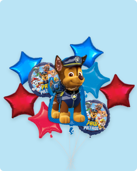 PAW Patrol-themed balloon bouquet with Chase and blue and red stars.