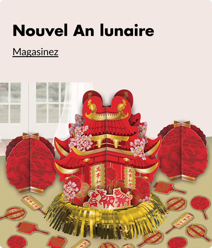 Un éventail de décorations rouges et dorées pour le Nouvel An lunaire et de cadeaux-surprises posés sur une table.