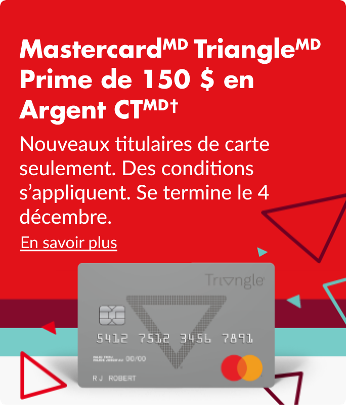 Une carte Mastercard Triangle grise de Canadian Tire sur un fond blanc, rouge, turquoise et bordeaux.