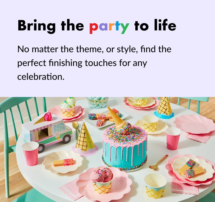 A white paper party plate with colourful accents against rotating images of various party themes and decorations. 