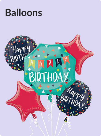 A green party balloon that says "Happy Birthday" surrounded by black circular balloons and red star-shaped balloons.