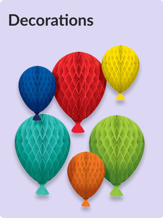 Blue, red, yellow, turquoise and green paper balloon decorations.