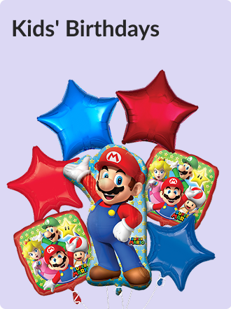A Mario-shaped balloon surrounded by Super Mario Bros. and red and blue star-shaped balloons.