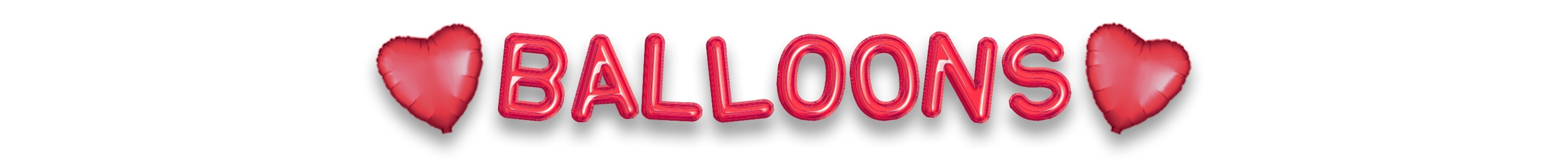 Two red heart balloons on either side of inflatable letter balloons that spell out the word Balloons.